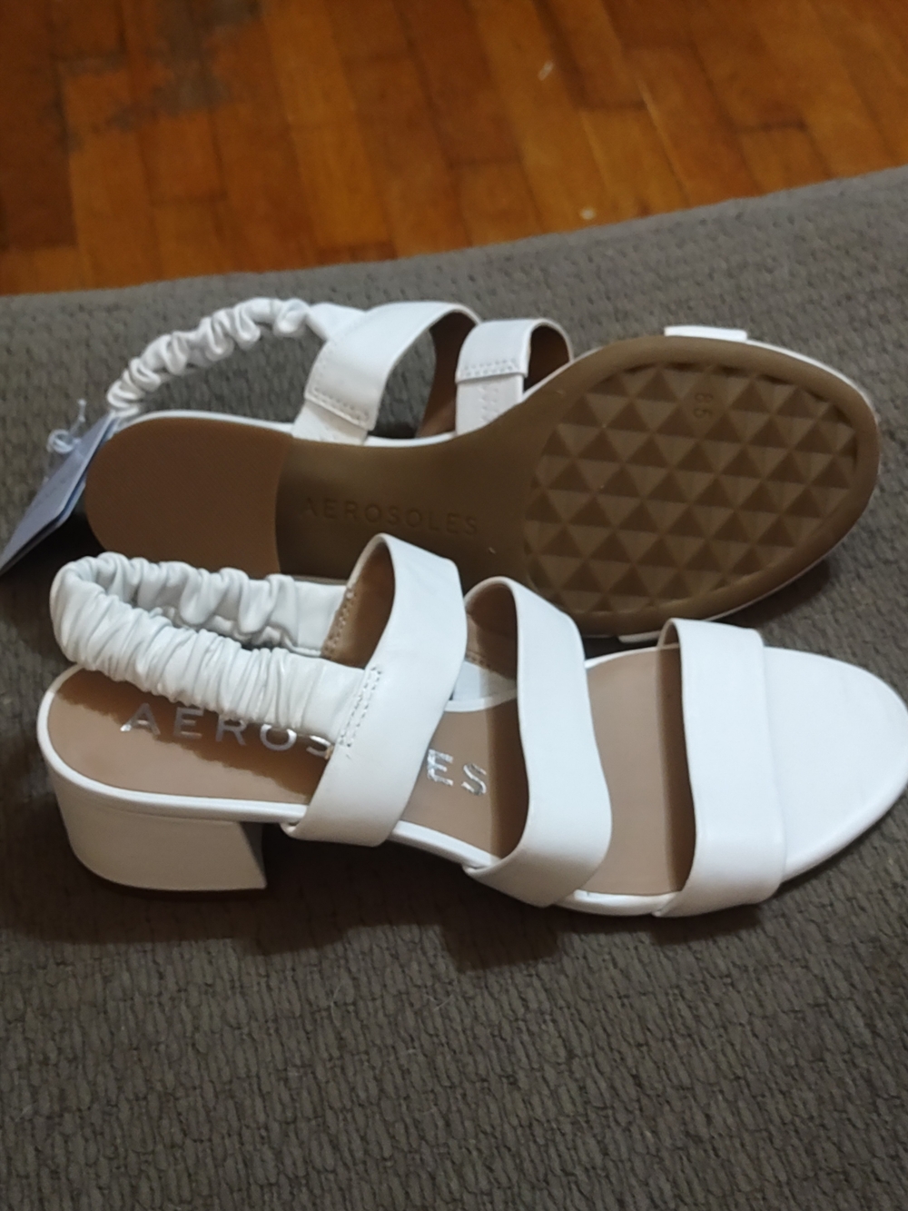 AEROSOLES White Elastic-Strap Low Block Heel Sandals